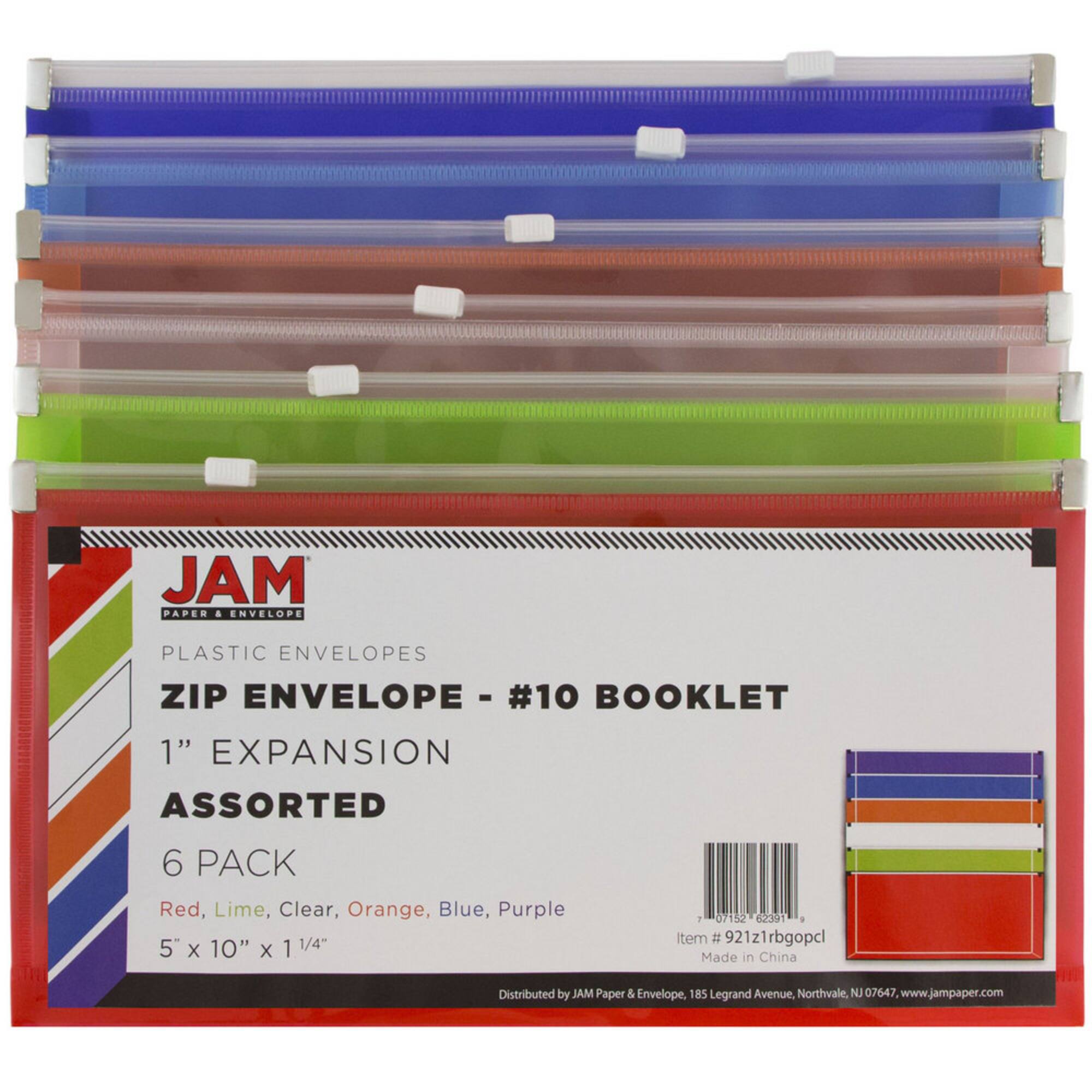 JAM Paper 5" x 10" Assorted Zip Closure Plastic Envelopes, 6ct.